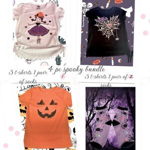 EUC GIRLS’ SPOOKY 4 PIECE BUNDLE SZ 6-8 3 T-SHIRTS 1 PAIR OF SOCKS